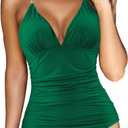 RXRXCOCO Women V Neck One Piece Swimsuits Tummy Control Ruched Swimwear Halter Bathing Suit (Large, Green)
