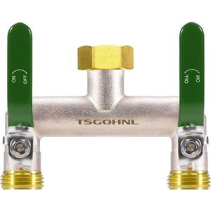 Garden Hose Splitter, 3/4 Rust and Freeze Resistant Outdoor Hose Manifold with 2 green Extra Long Handles Faucet Adapter-Heavy Duty Brass Nickel Plated 2-Way Valve