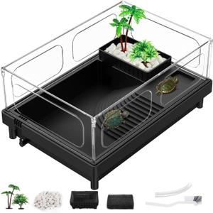 Small Turtle Tank, Aquarium, Acrylic Terrarium with Basking Platform, Bottom Drainage, Multi-Function Areas for Turtles, Crabs, Crayfish, Reptiles.(Black)