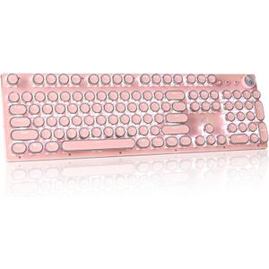 Retro Steampunk Typewriter-Style Gaming Keyboard, Blue Switches,Pure White Backlight, USB Wired, for PC Laptop Desktop, Stylish Pink Mechanical Keyboard Round Keycaps