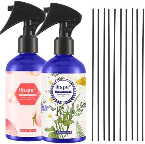 Natural Bedroom Linen Spray Scented Room Mist with Plant Extracts Long Lasting Freshness for Sheets, Pillows & Curtains – 9oz 2Bottle（White Peach + Cream Vanilla ）