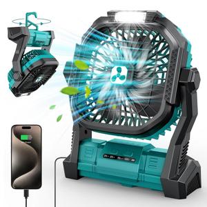 Portable Camping Fan Rechargeable Battery Operated Fans with Light 4 Speeds & Hook, USB Rechargeable Outdoor Camping for Tent, Green
