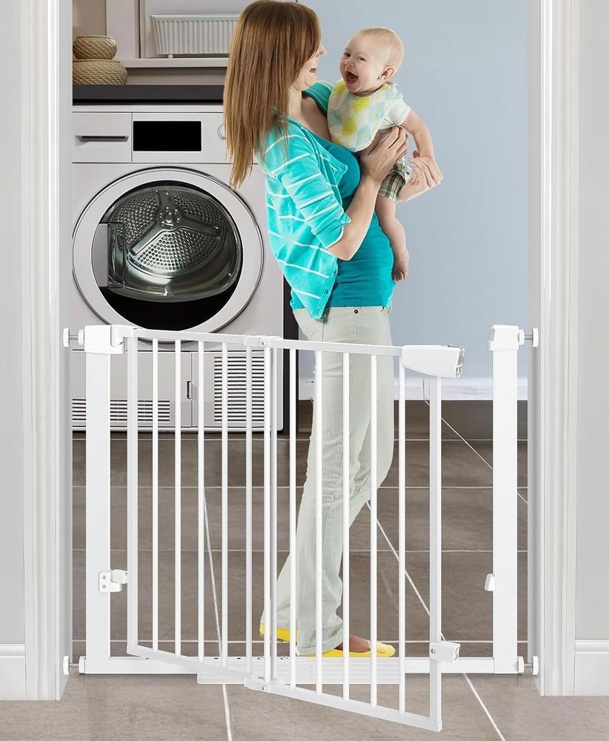 29-40Easy Walk Thru Baby Gate for Doorways&Stroller,Auto Close Dog Gate Indoor for Stair,No Drill Pressure Mounted Baby Gate with Large Walk-Through Door,Safety Gate for Children&Pets(White)