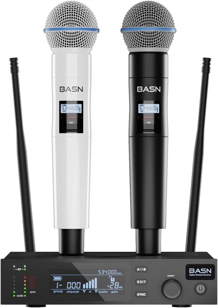 BASN UHF Dual Channel Wireless Microphone System, Handheld Mics for Stage, Karaoke, Weddings, DJ, and Events (Black & White)