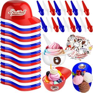 MEEZY 25 Set Baseball Helmet Ice Cream Bowls with Spoons 8oz Reusable Baseball Cap Cups Snack Dessert Bowls for Kids Sports Birthday Party Favor Supplies (25 Bowls + 25 Spoons) (Red+Blue+White)