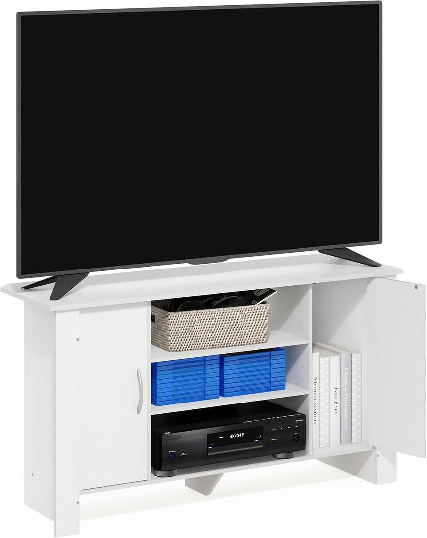 Furinno ECON TV Stand, 4-Tier Entertainment Center with Adjustable Shelf, Open Back TV Console with Door Storage for TV up to 46 Inch, for Living Room, Bedroom, White, 50-inch Tv
