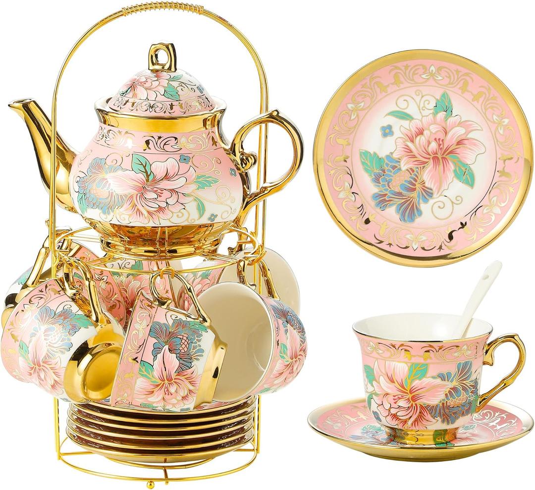 20 Pieces Porcelain Tea Set With Metal Holder, European Ceramic tea set for adults, Flower Tea Set, Tea Set For Women With Flower Painting (Large version, Pink)