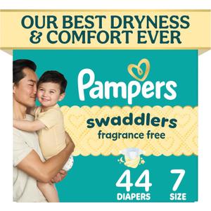 Pampers Swaddlers Diapers, Size 7 (26-50 lbs), 44 Count, Fragrance Free, Hypoallergenic, Absorbent, Pediatrician Recommended, Skin Safe