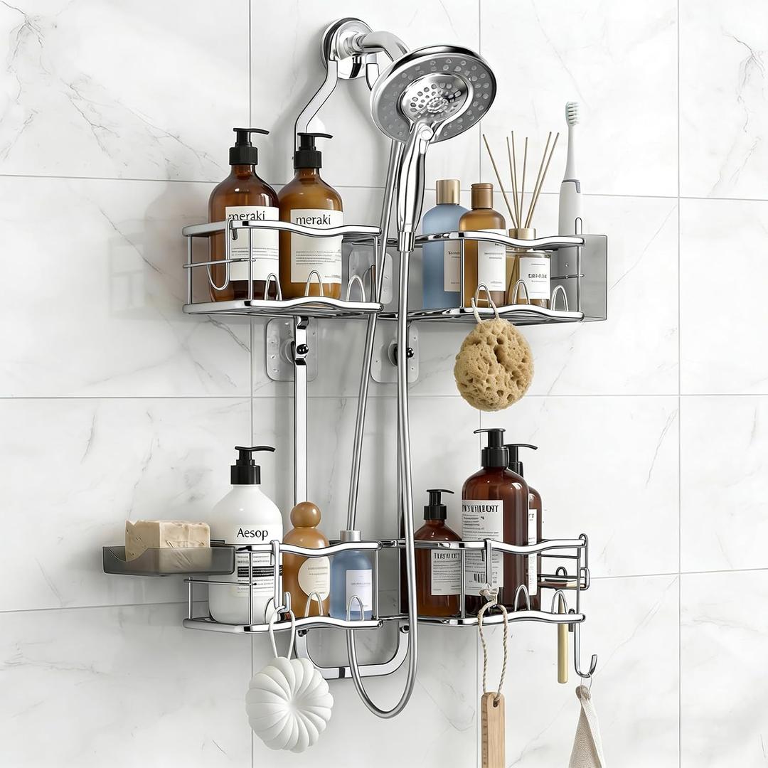 Shower Caddy Hanging Organizer, Rustproof Shower Organizer Hanging for Handheld Showerhead with Hooks for Razor/Sponge, Bathroom Caddy Rack Shower Shelves for Shampoo Soap Towels, Silver