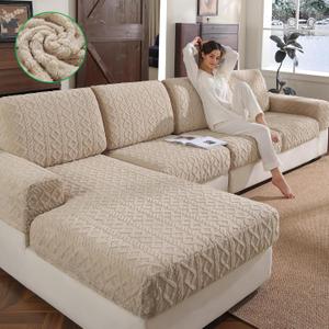 OHSIO Couch Cushion Covers, Super Soft Thicker Fleece Sofa Cover Stretch Sectional Sofa Slipcover Washable Pet Friendly Anti-Slip Stain Resistant Furniture Cover for Home(1 Seat Cover S,Light Brown)