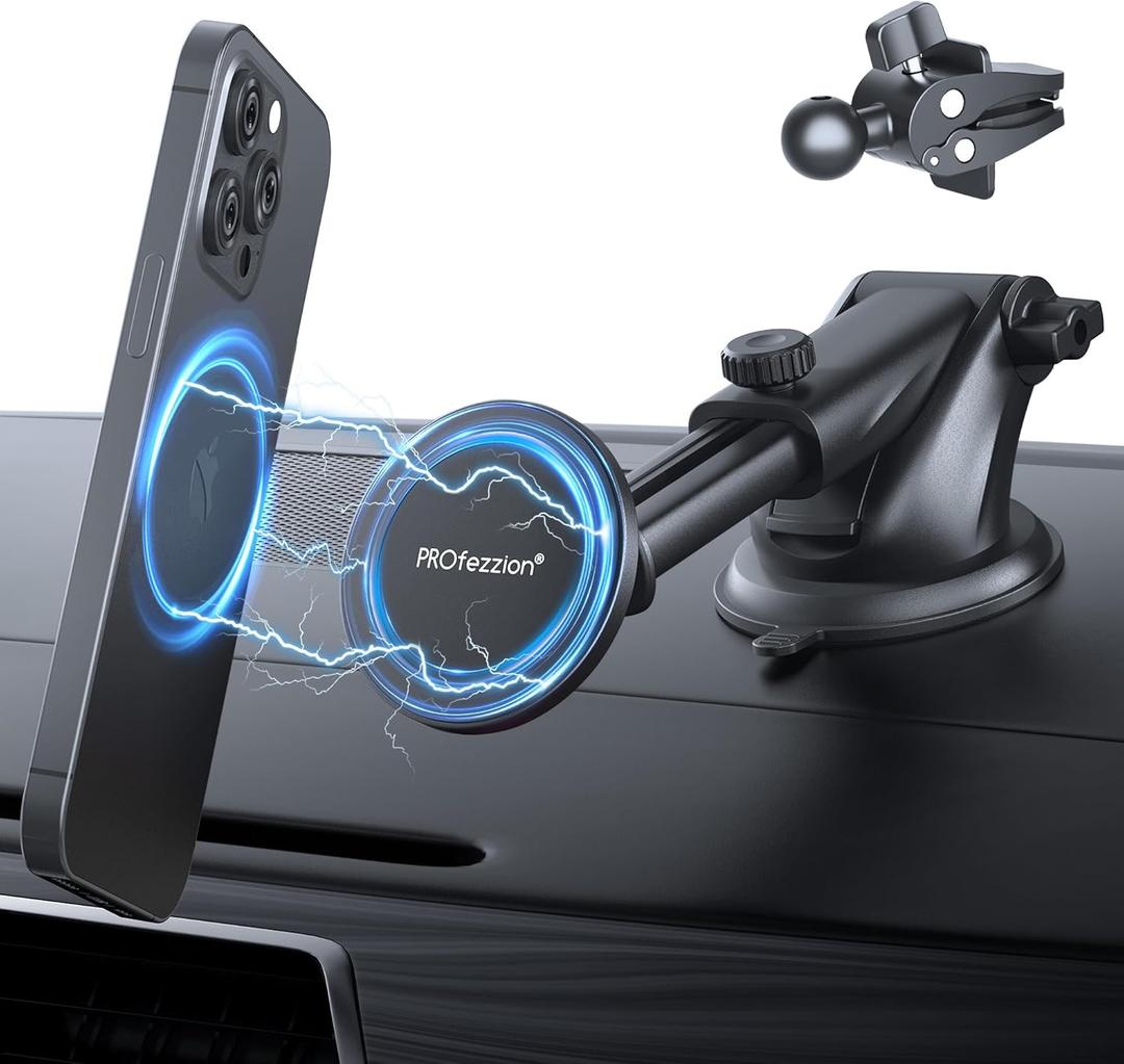 PROfezzion Suction Cup & Vent Clip Combo Magnetic Phone Holder Compatible with MagSafe on Car Dash, Windshield or Vent for iPhone 17 16 15 14 13 Pro Max, Mag-Safe Case & All Phones 