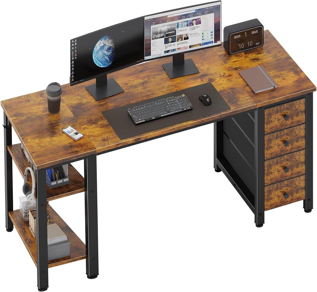 Lufeiya 55 inch Computer Desk with 4 Fabric Drawers & Storage Shelves, Writing Work Study Desk for Home Office Bedroom, Modern Simple Student PC Desks Table, Rustic Brown, 55.1"