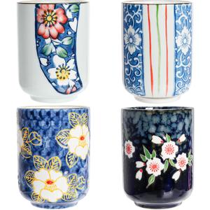 Set of 4 Japanese Tea Cups, 10 Oz Ceramic Handleless Coffee Mugs, Compact Ceramic Tea Cup Floral Pattern for Tea Matcha Latte Juice Gifts, Microwave Dishwasher Safe