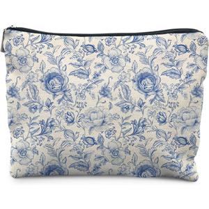Navy Blue Vintage Floral Makeup Bag for Women, Grandmillennial Blue Flower Botanical Cosmetic Bag for Purse, Floral Makeup Zipper Pouch