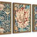 Wood Frame William Morris Wall Art Set of 3, Vintage Botanical Floral Canvas Wall Decor Painting, Farmhouse Artwork Aesthetic Posters Prints for Living Room Bedroom Bathroom 12x16In Framed (Colorful Flowers)