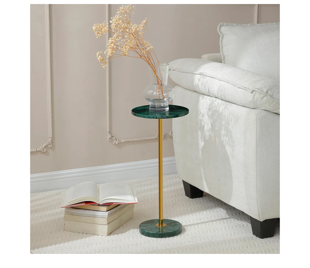 Hmjeae Φ9.8inch Marble Round Drink Table, Stone Finish Pedestal End Table for Living Room, Weighted Base Small Accent Side Table for Small Space  Emerald Green