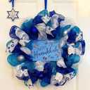 15 Inch Hanukkah Wreath for Front Door, Blue and White Mesh Chanukah Wreath with Happy Hanukkah Sign, Handmade Winter Holiday Door Decoration for Home Indoor Outdoor Party Decor