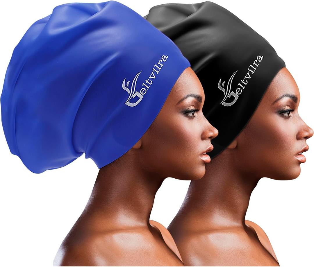 Extra Large Swim Cap for Braids and Dreadlocks Women Men Silicone Swimming Cap for Long Thick Curly Weaves Afro Hair Extensions (Black, Blue)