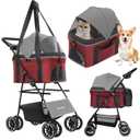 2-in-1 Foldable Pet Stroller with Canopy, 4 Wheels Pet Strolling Cart for Small/Medium Dogs and Cats with Removable Carrier,Breathable Mesh,Mom Tote Bag,Cup Holders,Easy Assembly,Grey+Red