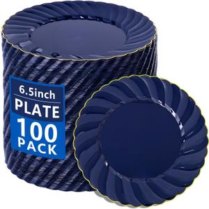 YOUBET 100 Pack Blue Scalloped Plastic Plates - 6.5 Inch Navy Blue Disposable Plates - High End Elegant Vintage Dessert Plate for Party & Weeding & Birthday