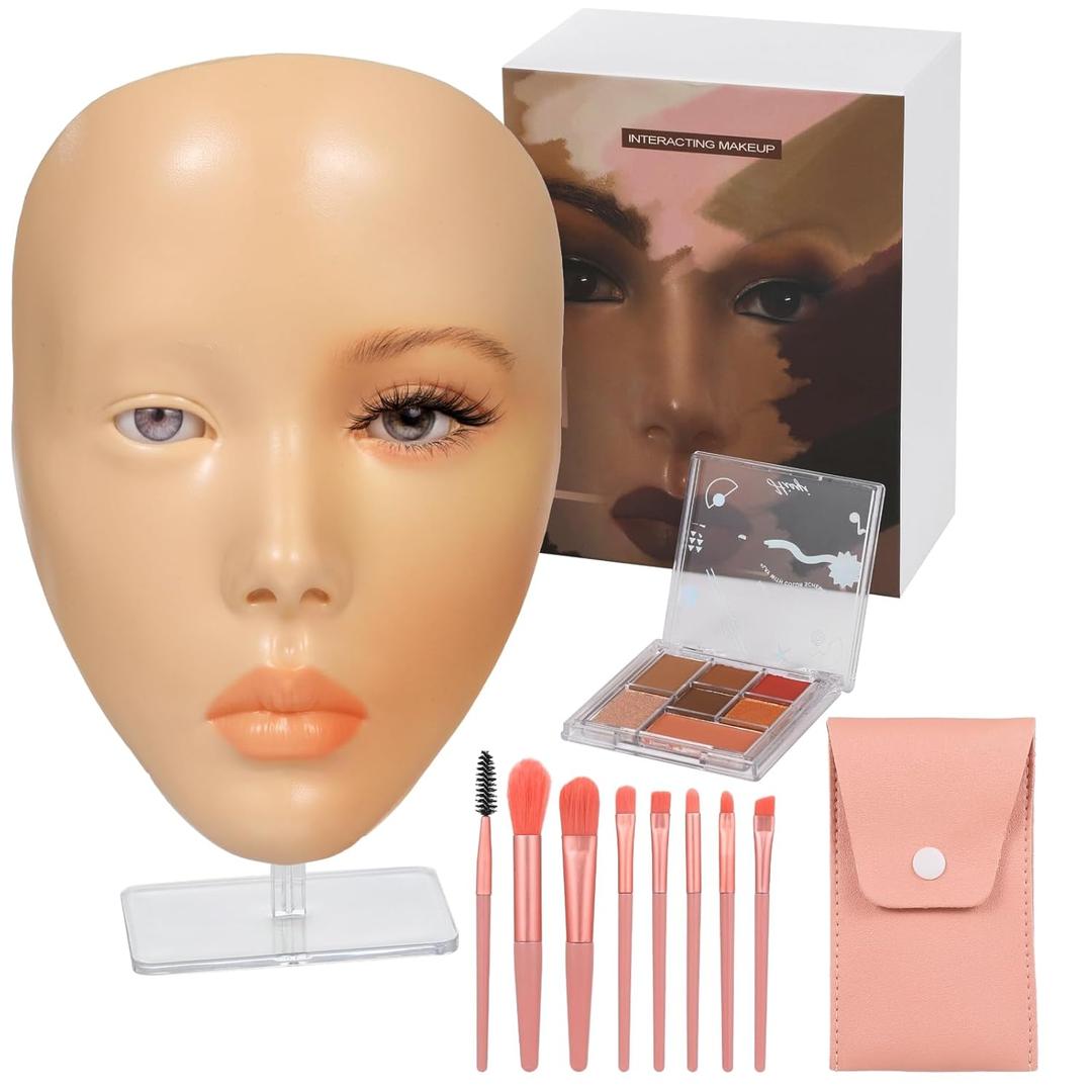 Makeup Practice Face Set, Including Silicone Mannequin Face with Stand, 7-Color Eye Shadow Palette, and 8 Makeup Brushes