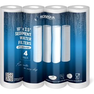 Ronaqua 25 Micron Sediment Water Filter Cartridge 10"x2.5", NSF Certified, 4-Layer Filtration for any 10-inch RO Units & Whole House Systems, Compatible with Culligan P5, AP110, WHKF-GD05, 4 Pack