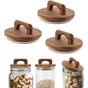 3pcs Storage Jar Wooden Lid, 3.54 inch Wide Mouth Canning Lids with Handle Sealing Ring, Multipurpose Canning Covers Wood Lid for Glass Canister Food Jars, for Mouth Diameter 10cm/3.94 inch