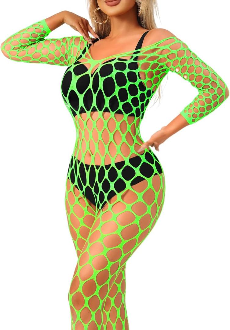 Exotic Fishnet Bodystocking, Rave Glow Outfits, One Size, Sheer Mesh Dancewear Sexy Jumpsuit Plus Wear Dancer (Neon Green)