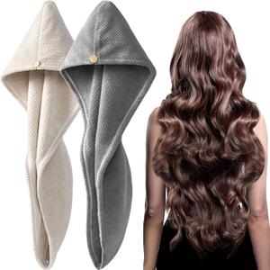 YFONG 2 Pack Large Microfiber Hair Towel Wrap, Super Absorbent Quick Dry Hair Turban for Drying Long Thick Curly Hair, Anti Frizz, Drying Towel with Button (Large: 30"X10", Gray/Camel)