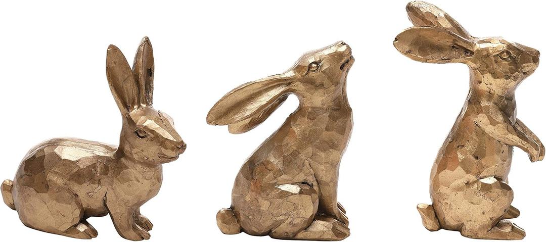 DN DECONATION Golden Polyresin Bunny Decor Rabbit Figurines, Easter Bunny Statue Set of 3 for Spring Tabletop Decor (Golden Polyresin(set of 3))