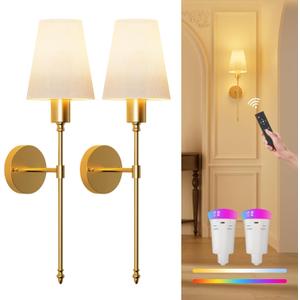 FULEN Wall Sconces Battery Operated Set of 2, 18 Colors Wireless Wall Lights with Remote LED Indoor Wall Sconce Dimmable Detachable Bulbs,10000mAh Rechargeable Battery Powered Wall Lamps for Bedroom