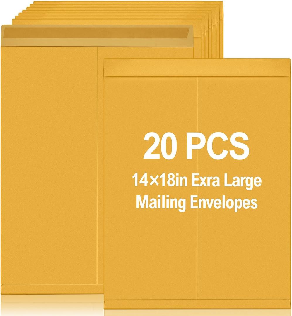 20 Pcs 14" x 18" Extra Large Mailing Envelopes 32lb with Gummed Flaps, Catalog Jumbo Craft Envelopes for Mailing, Storage and Organizing Documents Office Supplies(Yellow)