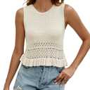 VIMPUNEC Womens Crochet Crop Tank Tops Sleeveless Knit Sweater Vest Ruffle Hem Summer Top (Beige, L)