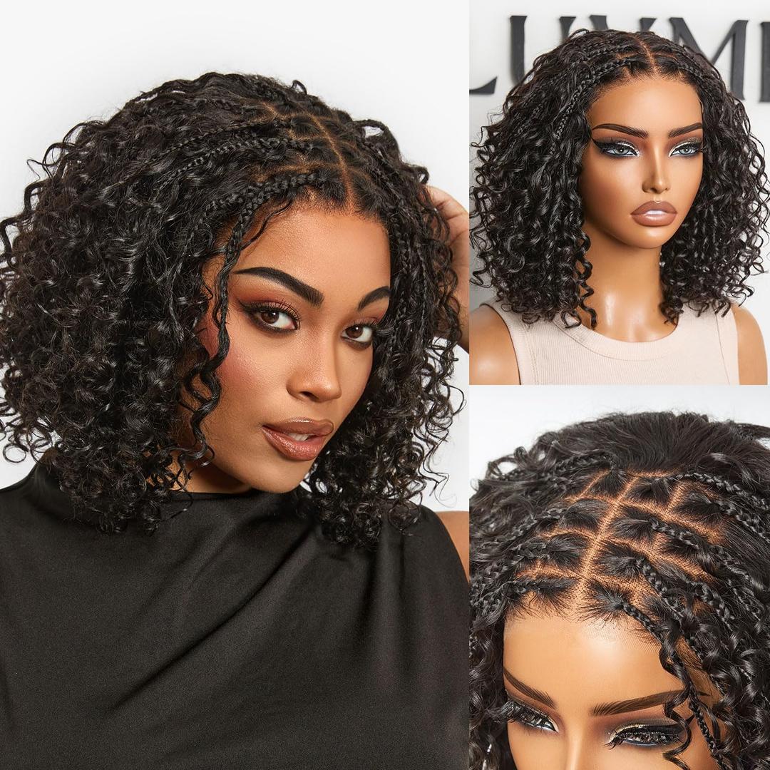 LUVME HAIR Boho Braided Deep Curly 5x5 Closure Lace with Braided Bob Human Hair Wigs Glueless Pre Cut Plucked HD Lace Short Wig Ready to Go Bleached Knots Black Wigs 12 Inches