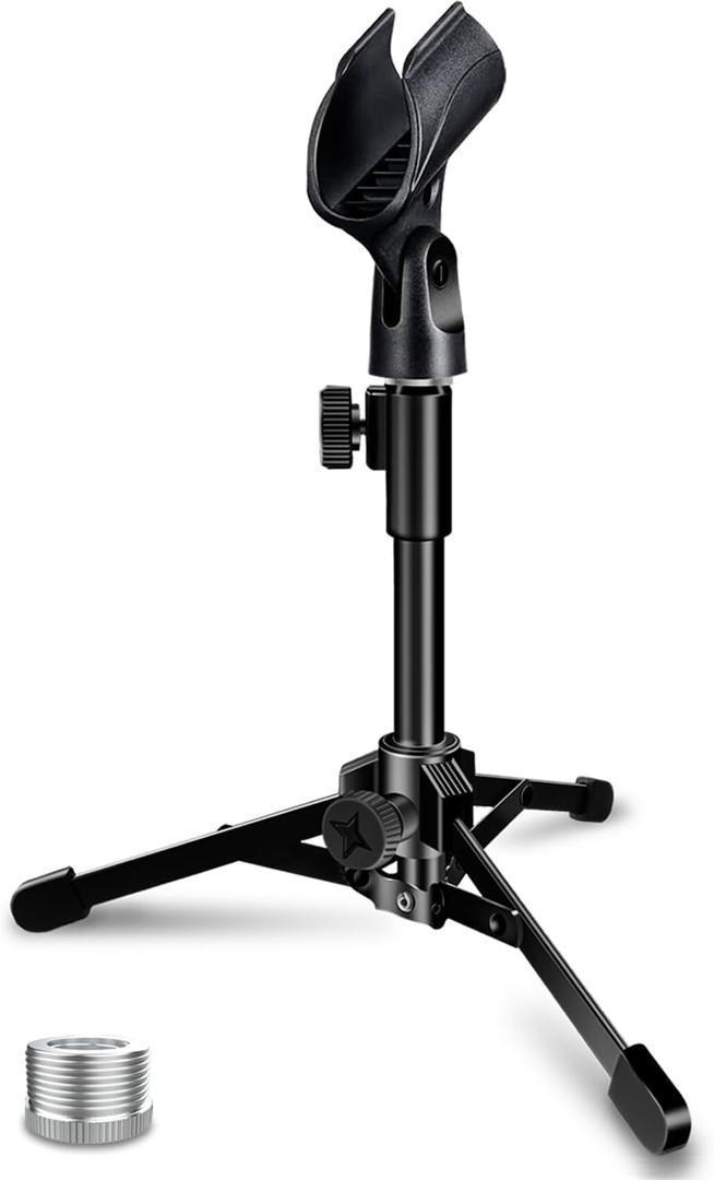 Desktop Mic Stand Portable Foldable Tripod with Mic Clip Holder and 5/8" Male to 3/8" Female Screw Adjustable Microphone Stand. (1 Pack)