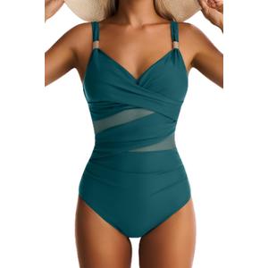 Women Mesh One Piece Swimsuit Tummy Control Sexy Bathing Suits V Neck Push Up Swimsuits Slimming Swimwear (Blue, L)