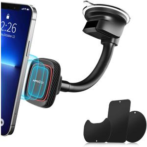 APPS2Car Magnetic Car Phone Holder Mount [6 Strong Magnets], Cell Phone Holder Car [Suction Cup], Phone Car Holder Mount [Windshield Dashboard] fit for Most Smartphones & Mini Tablets (Black-Red)