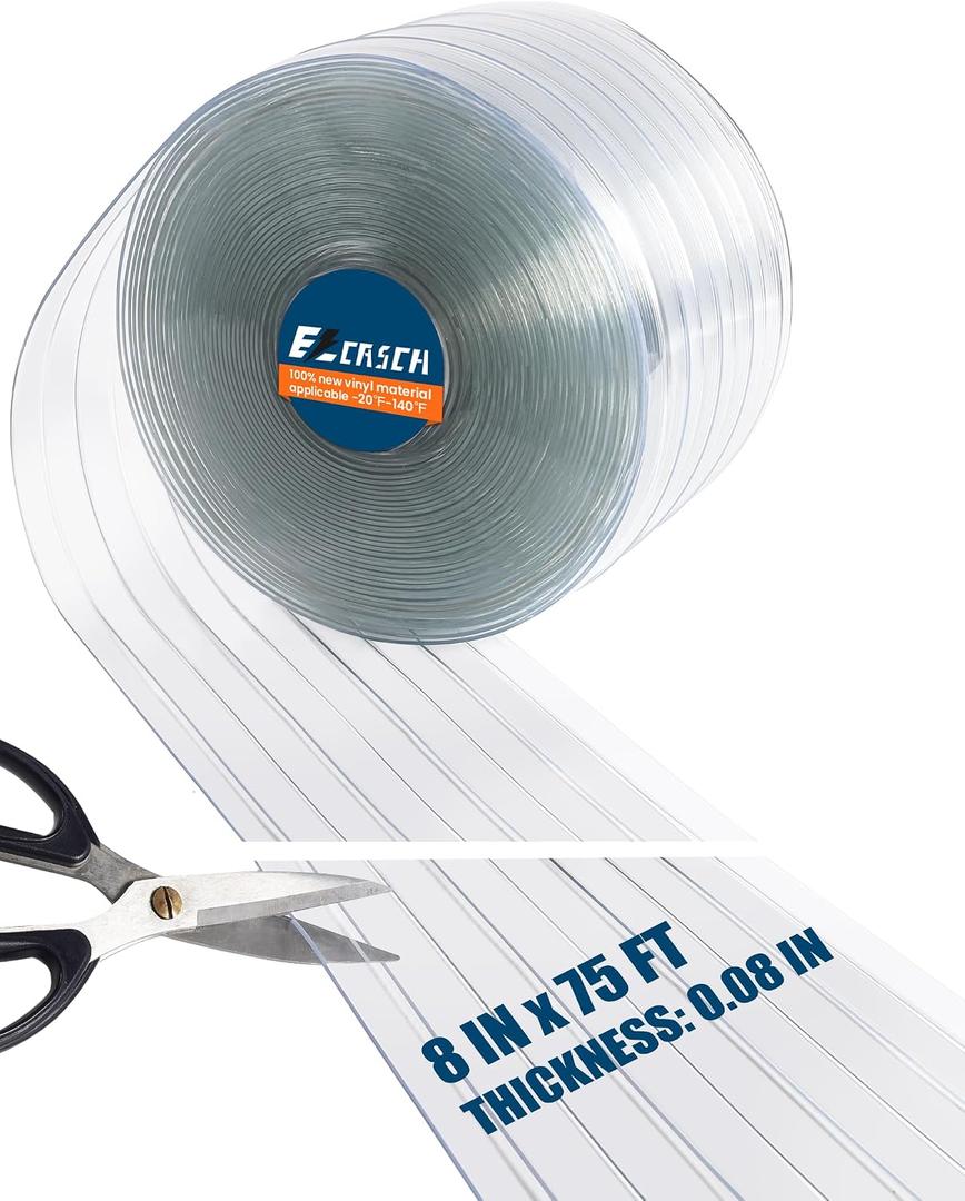 Vinyl Strip Curtain Roll PVC Replacement Strip Door Clear Plastic Strips Freezer Curtains for Dog House Door Flap, Winter, Freezer, Commercial, Freezers, Warehouse Doors,8 Inches x 75 feet