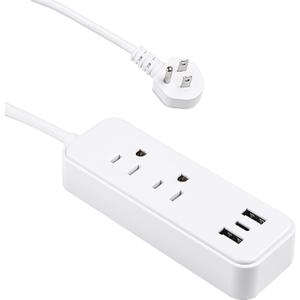 Clear Power 2-Outlet Power Strip with 3 USB Ports (1 USB-C), Flat Plug, 6 ft Power Cord, Desktop Charging Station with USB C, White, DC3S-1102-DC