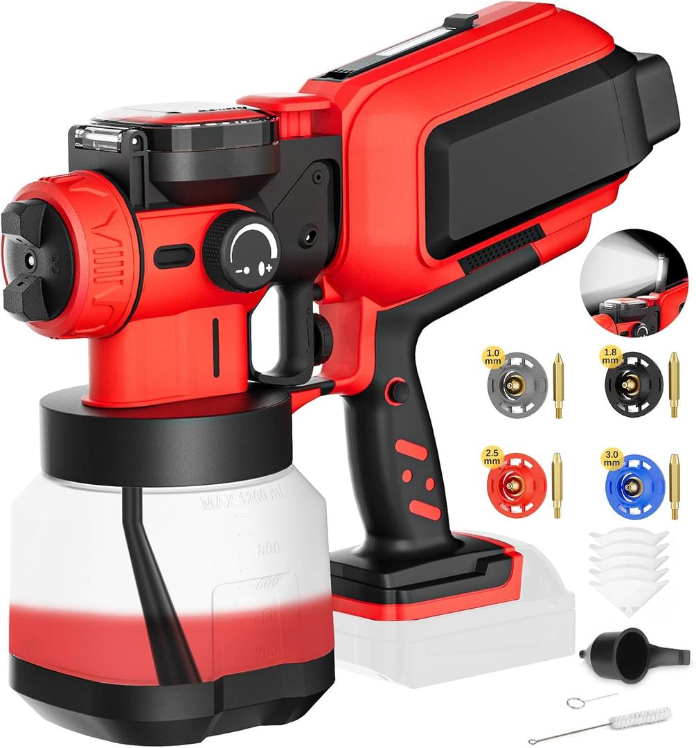 Paint Sprayer Cordless Compatible for Milwaukee 18V Battery, 70000PRM Electric Paint Sprayer for Furniture Fence Cabinets Wall House Painting, AUTO Spraying, 1200ml Container & 4 Nozzles (No Battery) (Red+Black)