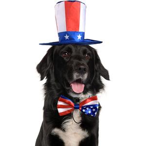 Vehomy Uncle Sam Dog Top Hat & American Flag Dog Bow Tie Collar - 4th July Pet Costume Set for Dogs & Cats (2Pcs, Satin, Adjustable Size)