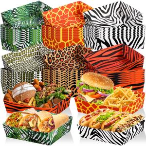Tioncy 48 Pack Safari Animal Party Paper Food Trays 5 lb Zoo Large Nacho Boats Disposable Snack Trays for Burger Fries Hot Dog BBQ for Baby Shower Wild Animal Jungle Party Safari