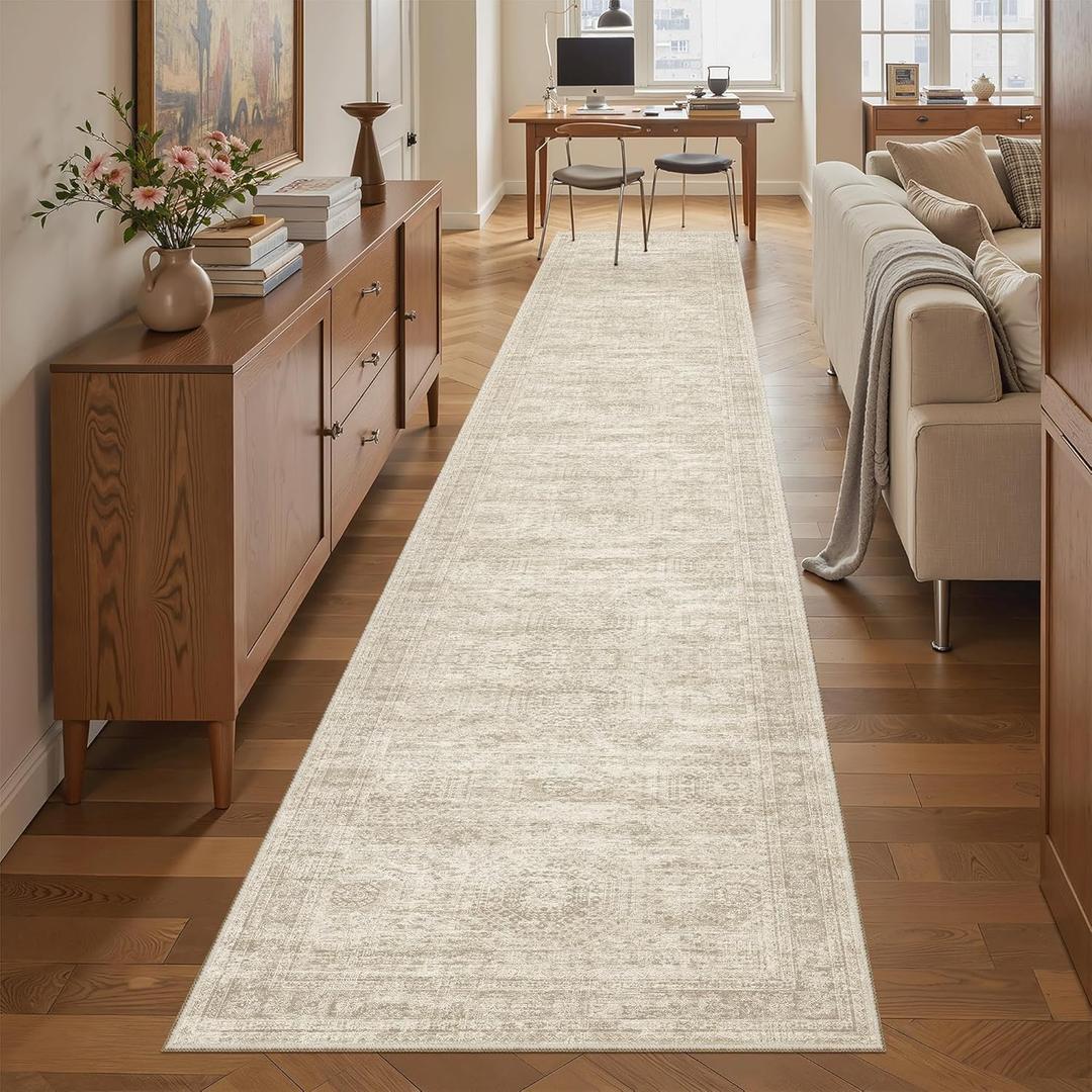 Soalmost Runner Rug 26"x120" Washable Non-Slip Runner Rugs for Kitchen Bathroom Laundry Room Beige Vintage Floor Carpet Runners for Hallway Entryway