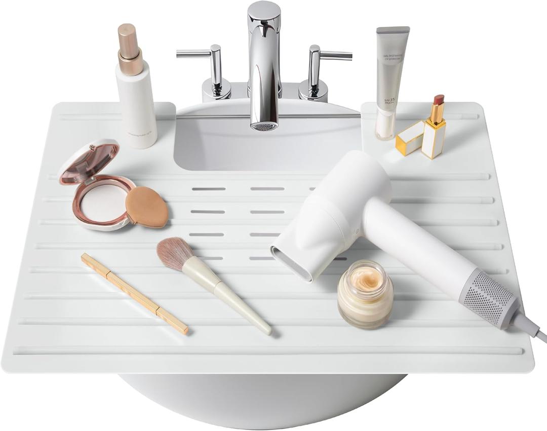 Maplefield Bathroom Sink Cover for Counter Space - Gray, 22 x 2 x 2 Inches - Heat Resistant Silicone Mat - Foldable Vanity Makeup Tray - Space-Saving Sink Cover