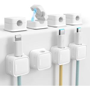 Cord Organizer Holder, 8 Pack Magnetic Desk Cable Clips Management, Hide Phone Charging Cable Keeper, Strong Adhesive Wire Charger Holder for Nightstand, Kitchen Appliances, Office Supplies (White)