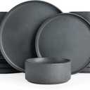 Famiware Star Plates and Bowls Sets, Modern Stoneware Dinnerware Sets for 6, 18-Piece Kitchen Dish Set - Chip and Scratch Resistant, Microwave and Dishwasher Safe Tableware, Matte Dark Charcoal