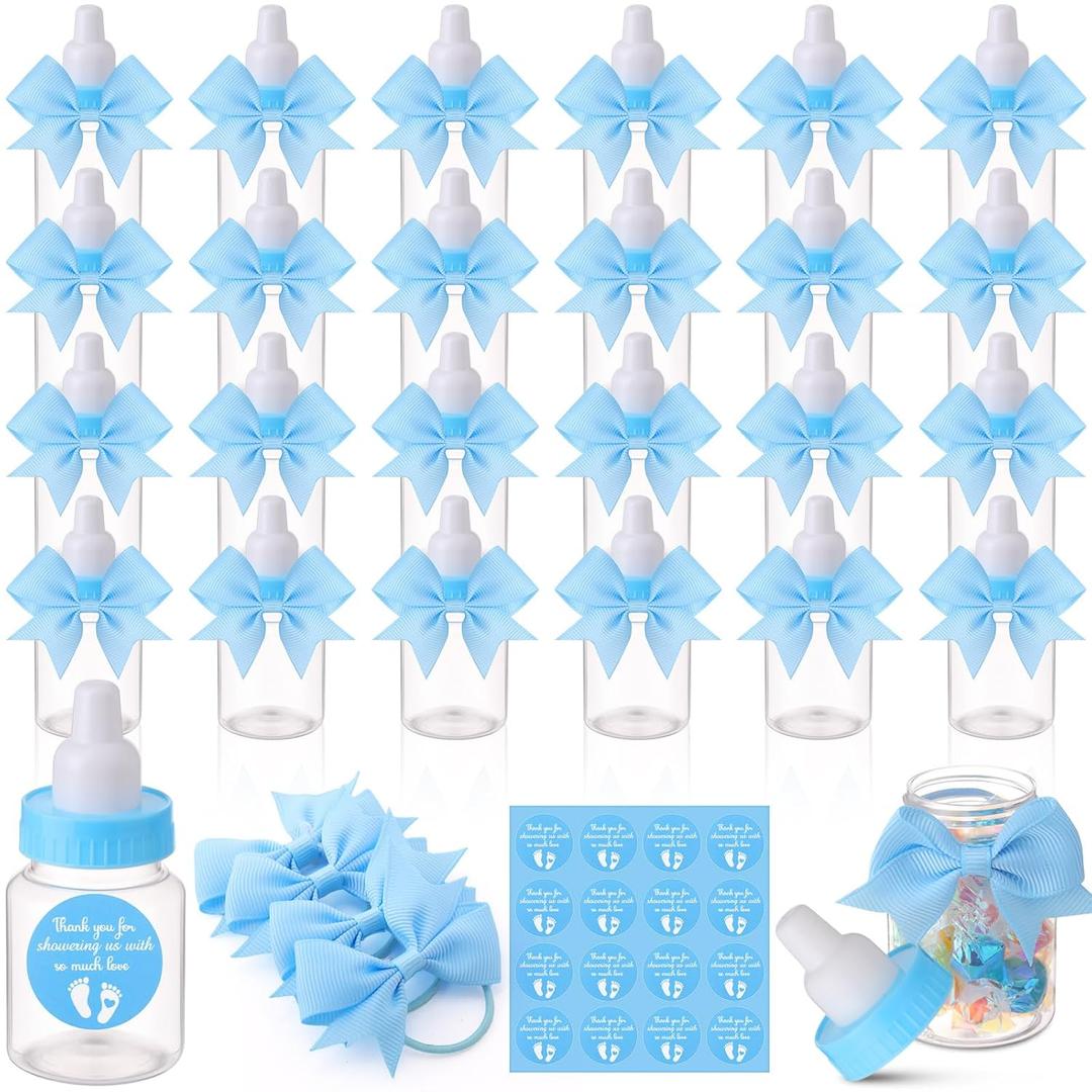 Teenyyou 48 Sets 3.5 Inch Blue Mini Baby Bottles for Baby Shower Party Favor Game Plastic Milk Bottles with Thank You Showering Stickers and Bows Thank You Gifts for Guests Candy Decor