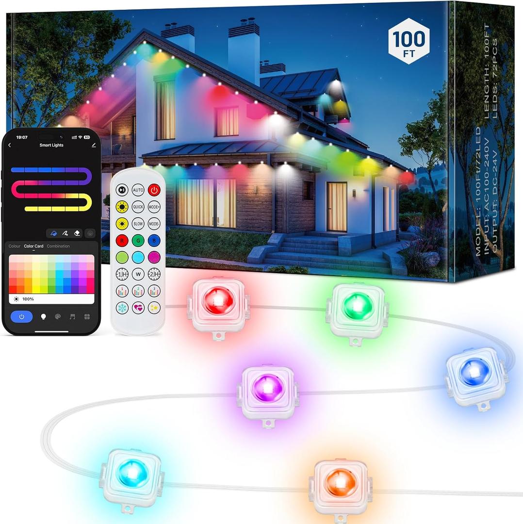 Permanent Outdoor Lights, DIY RGB+IC 100FT Smart Eave Lights with App Control, Support Alexa and Google Assistant, 72 Scene Modes Outdoor Light for Holiday Decorations, Ceiling Lights (White)