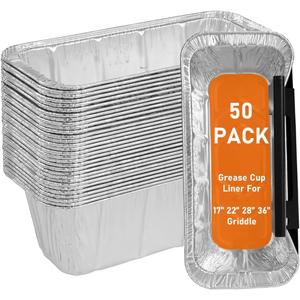 50-Pack 5017 Griddle Grease Cup Liners Aluminum Foil Drip Pan Grease Catcher Cup Liner for Griddle 17, 22, 28, 36 Inch Griddle, Disposable Grill Grease Trays