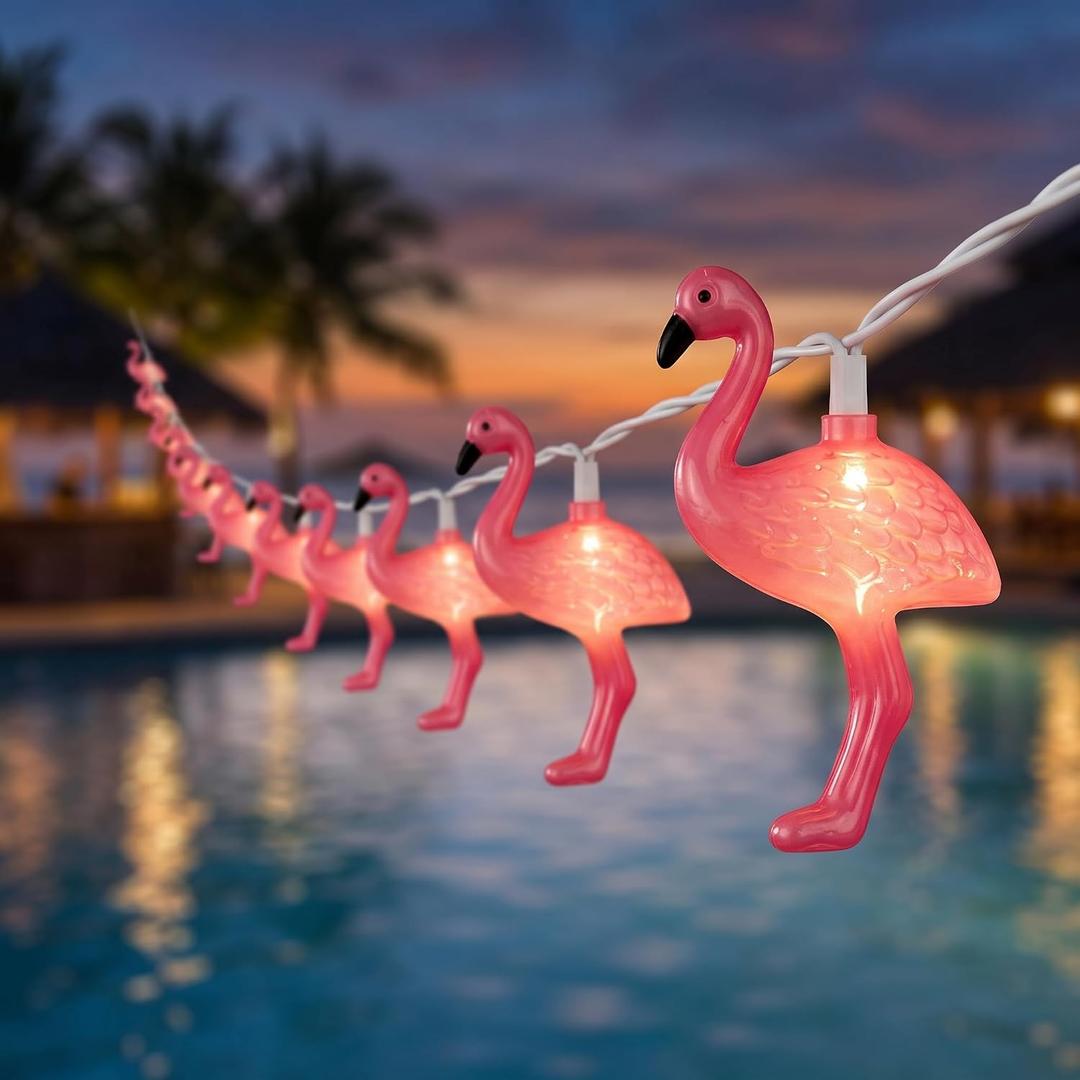 Summer Themed Pink Flamingo String Lights, 8.5Ft Tropical Beach Flamingo Decor Lights, Indoor/Outdoor Party Lights for Bedroom Birthday Wedding Holiday Hawaiian Tiki Tropical Party Dcor